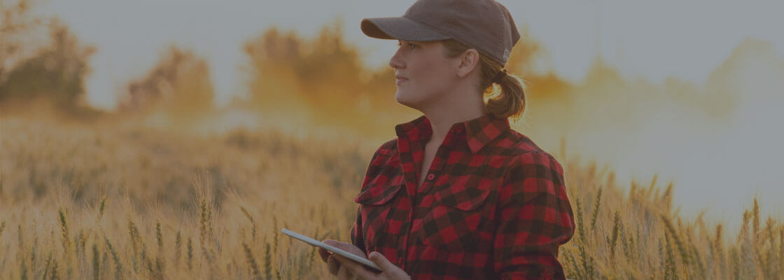 Woman in agricultural field holding tablet